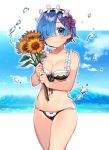  1girl bare_arms bare_shoulders bikini black_bikini blue_eyes blue_hair breasts cleavage cloud collarbone cowboy_shot flower frills front-tie_bikini front-tie_top groin hair_ornament hair_over_one_eye headdress highres holding holding_flower large_breasts looking_at_viewer maid maid_bikini navel re:zero_kara_hajimeru_isekai_seikatsu rem_(re:zero) sakura_yuki_(clochette) short_hair skindentation smile solo standing sunflower swimsuit thighs water x_hair_ornament 