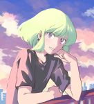  city_below earrings green_hair hand_on_own_cheek highres jewelry lio_fotia male_focus morotomo_(natsume) promare purple_eyes shirt short_hair smile solo sunset t-shirt 