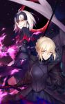  2girls absurdres ahoge armor artoria_pendragon_(all) black_skirt blonde_hair bow breasts dark_excalibur fate/grand_order fate_(series) flag gauntlets headgear highres holding holding_flag holding_sword holding_weapon jeanne_d&#039;arc_(alter)_(fate) jeanne_d&#039;arc_(fate)_(all) long_sleeves looking_at_viewer looking_back multiple_girls night night_sky saber saber_alter short_hair signature skirt sky star_(sky) starry_sky sword virtu.al weapon yellow_eyes 