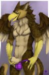  2019 5_fingers animal_genitalia anthro athletic avian beak big_sheath brown_fur brown_hair clothing feathered_wings feathers fingers fully_sheathed fur grey_fur gryphon hair hand_on_penis kavik looking_at_viewer male mostly_nude neck_tuft pecs purple_eyes sheath simple_background solo standing tongue truegrave9 tuft underwear wings 