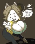 2019 absurd_res anthro big_breasts bottomwear breasts canid canine cleavage clothed clothing ear_piercing english_text felid female footwear fur gesture hair hi_res high_heels huge_breasts jeans mammal open_mouth open_smile pants piercing shirt shoes simple_background sixsidesofmyhead smile smug solo speech_bubble tem temmie_(undertale) text topwear unbuttoned_shirt undertale v_sign video_games white_fur wide_hips 