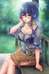  1girl blue_bra blue_eyes blue_hair blue_shirt bra brown_skirt commentary_request gotland_(kantai_collection) hair_between_eyes hair_bun highres kantai_collection long_hair mole mole_under_eye nanashiki_fuuka outdoors rain see-through shirt short_sleeves sitting skirt solo striped striped_shirt underwear vertical-striped_shirt vertical_stripes wet wet_clothes wet_shirt yellow_nails 