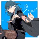  1girl armor black_shorts blue_background blue_eyes blue_hair byleth byleth_(female) closed_mouth fire_emblem fire_emblem:_three_houses highres juria0801 medium_hair shorts simple_background solo twitter_username 