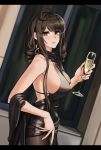  1girl absurdres ahoge alcohol bangs breasts brown_eyes brown_hair champagne_flute commentary_request cup dress drinking_glass dsr-50_(girls_frontline) earrings evening_gown from_side girls_frontline glass hachirodesu highres holding holding_cup jewelry large_breasts long_hair looking_at_viewer no_bra parted_lips sideboob sidelocks 