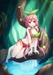  1girl :d amemiya_ruki arm_support bangs bikini bikini_bottom blurry blurry_background blush breasts brown_eyes cleavage collarbone commentary_request day depth_of_field eyebrows_visible_through_hair flower forest granblue_fantasy hair_between_eyes hair_flower hair_ornament hair_over_shoulder highres in_tree long_hair looking_at_viewer low_twintails medium_breasts nature navel open_mouth outdoors pink_hair pointy_ears red_bikini_bottom see-through side-tie_bikini sidelocks smile solo swimsuit tree twintails very_long_hair water white_flower yellow_flower yggdrasil_(granblue_fantasy) 