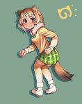  1girl absurdres animal_ears black-tailed_prairie_dog_(kemono_friends) blonde_hair blush brown_eyes brown_hair brown_legwear clenched_hands commentary english_commentary full_body fur_collar green_background green_skirt highres japari_symbol kemono_friends lilredronin long_sleeves looking_at_viewer looking_back multicolored_hair plaid plaid_skirt pleated_skirt prairie_dog_ears prairie_dog_tail shoes short_hair simple_background skirt smile solo tail thighhighs two-tone_hair zettai_ryouiki 