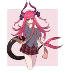  4410_(kanimiso) aqua_eyes asymmetrical_horns blush border curled_horns dragon_girl dragon_horns dragon_tail elizabeth_bathory_(fate) elizabeth_bathory_(fate)_(all) fate/extra fate/extra_ccc fate/grand_order fate_(series) grey_jacket hair_ribbon head_tilt highres horns jacket lavender_background long_hair looking_at_viewer pink_hair plaid plaid_skirt pointy_ears ribbon scarf school_uniform sidelocks skirt smile tail two_side_up white_border 