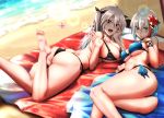  2girls admiral_graf_spee_(azur_lane) antenna_hair ass azur_lane bangs beach bikini bikini_pull black_bikini black_choker black_ribbon blue_bikini blush breasts choker cleavage commentary_request eyebrows_visible_through_hair fingernails flag_print flower german_flag_bikini hair_between_eyes hair_flower hair_ornament hair_ribbon highres large_breasts long_hair looking_at_viewer looking_back lying mole mole_on_breast multicolored_hair multiple_girls on_side on_stomach open_mouth outdoors pon_(koteigainen) prinz_eugen_(azur_lane) prinz_eugen_(unfading_smile)_(azur_lane) pulled_by_self red_flower red_hair ribbon shadow short_hair side-tie_bikini silver_hair smile streaked_hair swept_bangs swimsuit thick_thighs thigh_strap thighs toenail_polish two_side_up wet 