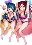  2girls armpits arms_behind_back ass_visible_through_thighs bikini black_hair blush bracelet breasts cleavage front-tie_bikini front-tie_top hair_bun hand_on_another&#039;s_thigh highres jewelry large_breasts licking_lips lips long_hair looking_at_viewer love_live! love_live!_sunshine!! multicolored multicolored_bikini multicolored_clothes multiple_girls nail_polish open_mouth pink_eyes purple_bikini red_hair sakurauchi_riko sitting_on_pillow swimsuit tem10 tongue tongue_out tsushima_yoshiko v white_background yellow_eyes 
