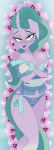  2019 anthro beauty_mark bedroom_eyes blue_eyes blue_hair breasts cleavage clothed clothing dakimakura_design equid female flower friendship_is_magic hair half-closed_eyes hi_res horn jrvanesbroek lipstick makeup mammal mistmane_(mlp) my_little_pony old panties partially_clothed plant purple_lipstick seductive solo torn_clothing underwear unicorn 