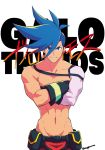  blue_eyes blue_hair character_name chest crossed_arms galo_thymos gloves looking_at_viewer male_focus pants promare sengokumame shirtless smile spiked_hair 