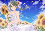  1girl alternate_costume blue_sky breasts cloud collarbone commentary_request day dress flower green_eyes green_hair hair_ribbon holding holding_flower kantai_collection long_hair looking_at_viewer minakami_nagara outdoors ribbon sky sleeveless sleeveless_dress small_breasts smile solo sundress sunflower twintails white_dress white_ribbon zuikaku_(kantai_collection) 