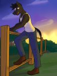  anthro bottomwear clothed clothing equid equine fence fully_clothed fuze hi_res horse jeans male mammal outside pants rural shirt solo sunset tank_top topwear 
