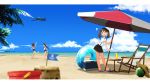  3girls a6m_zero aircraft airplane anchor_symbol annin_musou barefoot beach beach_umbrella black_hair blue_sky blue_swimsuit blurry brown_eyes brown_hair brown_skirt bucket chair cloud commentary_request cooler day deck_chair depth_of_field drink flag flip-flops food fruit hair_ornament hairclip hat hat_removed headgear headwear_removed highres horizon hurricane_glass i-400_(kantai_collection) i-401_(kantai_collection) innertube island kantai_collection long_hair mini_flag miniskirt multiple_girls ocean open_mouth orange_sailor_collar outdoors palm_tree pleated_skirt ponytail running ryuujou_(kantai_collection) sailor_collar sand_castle sand_sculpture sandals scenery school_swimsuit shikigami shirt short_hair short_ponytail skirt sky sleeveless sleeveless_shirt straw_hat sun_hat suspenders swimsuit tan tree twintails umbrella watermelon waving white_shirt wide_shot 
