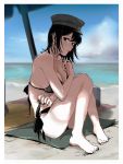  1girl absurdres akitsu_maru_(kantai_collection) barefoot beach beach_umbrella bikini black_eyes black_hair blue_sky breasts cleavage cloud commentary_request day full_body grey_headwear hat highres horizon kantai_collection medium_breasts nail_polish ocean outdoors pale_skin peaked_cap shade short_hair side-tie_bikini sitting sky solo swimsuit umbrella zippo_teifujou 