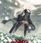  1girl assault_rifle aug_(girls_frontline) black_dress black_legwear blood bullpup cloud cloudy_sky commentary_request dress dutch_angle field flower flower_field girls_frontline gun hair_flower hair_ornament hair_over_one_eye hayabusa highres holding holding_gun holding_weapon long_hair looking_at_viewer panties pantyshot rifle sky solo standing steyr_aug suppressor thighhighs underwear weapon white_hair yellow_eyes 