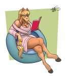  2019 anise anthro beverage blonde_hair blue_eyes book clothed clothing crossed_legs cup digital_media_(artwork) equid equine eyewear female freckles_(artist) glasses hair hi_res holding_book holding_object hooves horse mammal reading robe signature sitting solo 