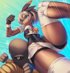  1girl abs blue_eyes bodysuit_under_clothes breasts clenched_hand covered_navel dark_skin gloves green_hair hairband hitmonlee kicking leg_up midriff muscle pokemon pokemon_(game) pokemon_swsh rotix saitou_(pokemon) short_hair short_shorts short_sleeves shorts single_glove solo_focus sportswear thick_thighs thighs toned wristband 