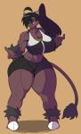  absurd_res anthro big_breasts black_hair breasts brown_fur female fur hair hi_res mammal muscular muscular_female ponytail simple_background solo suid suina sus_(pig) thick_thighs tusks vammzu wild_boar 