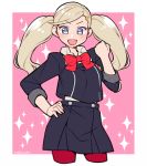  1girl :d artist_name bangs black_skirt blonde_hair blue_eyes border bow bowtie clenched_hand cowboy_shot cropped_legs do_m_kaeru gekkoukan_high_school_uniform hair_ornament hairclip hand_on_hip hand_up long_hair looking_at_viewer open_mouth persona persona_3 persona_5 pink_background red_bow red_neckwear school_uniform skirt smile solo sparkle swept_bangs takamaki_anne twintails two-tone_background white_border 