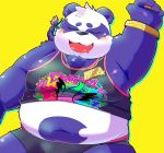  2019 alp_(tas) anthro belly blush bmf_6666 bottomwear clothed clothing eyes_closed giant_panda hi_res humanoid_hands male mammal navel open_shirt overweight overweight_male shirt shorts simple_background solo text tokyo_afterschool_summoners topwear ursid video_games yellow_background 