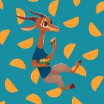  1:1 2019 ambiguous_gender antelope anthro barefoot blue_background bovid bowl clothed clothing eating facial_markings food fruit fuel_(artist) fuel_(character) gazelle head_markings hi_res holding_object horn mammal markings mouth_hold orange_(fruit) pattern_background plant simple_background solo 