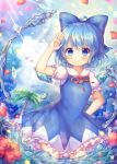  1girl blue_bow blue_dress blue_eyes blue_hair blue_sky blush bow cirno closed_mouth cloud day dress eyebrows_visible_through_hair flower hair_bow hand_on_hip ice ice_wings looking_at_viewer palm_tree petals pjrmhm_coa puffy_short_sleeves puffy_sleeves short_hair short_sleeves sky smile solo standing touhou tree water wings 