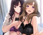  2girls ane_naru_mono black_hair bra breasts brown_hair chiya_(ane_naru_mono) cleavage cropped hewsack long_hair oosuki_mamako open_shirt purple_eyes red_eyes see_through shirt tsuujou_kougeki_ga_zentai_kougeki_de_ni-kai_kougeki_no_okaasan_wa_suki_desu_ka? underwear wet 