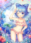  1girl ;d bikini blue_bow blue_hair blue_sky bow cirno cloud collarbone commentary_request day eyebrows_visible_through_hair flower frilled_bikini frills hair_bow hand_on_hip ice ice_wings navel one_eye_closed open_mouth palm_tree petals pjrmhm_coa short_hair sky smile solo standing sunlight swimsuit touhou tree water wings 