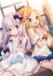  abigail_williams_(fate/grand_order) ana_(rznuscrf) bags_under_eyes bangs bow bubble_tea casual detached_sleeves dress earrings fate/grand_order fate_(series) forehead highres horn jewelry lavinia_whateley_(fate/grand_order) orange_bow pale_skin parted_bangs polka_dot polka_dot_bow shorts sitting white_dress 