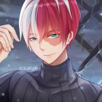  1boy artist_name black_sweater blue_eyes boku_no_hero_academia burn_scar commentary_request eyebrows_visible_through_hair face hair_between_eyes kuurimuart looking_at_viewer male_focus multicolored_hair red_eyes red_hair scar short_hair smile solo striped striped_sweater sweater todoroki_shouto two-tone_hair white_hair 