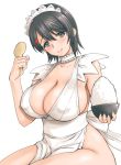  1girl apron black_hair blush bowl breasts choker cleavage covered_nipples eyebrows_visible_through_hair hair_between_eyes hair_ornament hairclip head_tilt holding holding_bowl huge_breasts iroha_(samurai_spirits) ishida_masayuki japanese_clothes large_breasts looking_at_viewer maid maid_headdress naked_apron rice_bowl rice_spoon samurai_spirits short_hair sideboob simple_background smile solo white_background 