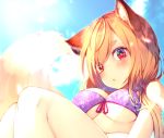  aliasing animal_ears bikini blush breasts brown_hair chita_(ketchup) cleavage close clouds cropped foxgirl long_hair original red_eyes sky swimsuit tail underboob 