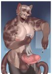  anthro balls big_muscles cigarette clothed clothing ear_piercing erection felid hi_res humanoid_penis koshak looking_at_viewer male mammal muscular muscular_male nipples pantherine partially_clothed penis piercing pubes solo vein veiny_penis 
