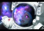  .live 1girl :d blue_hair commentary_request eyebrows_visible_through_hair hair_over_one_eye highres letterboxed open_mouth planet red_eyes reflection reflective_eyes smile space spacesuit star tipo_(tipoplaza) yamato_iori 