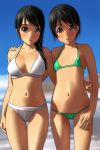  2girls :d absurdres ass_visible_through_thighs bangs bare_arms bare_shoulders bikini black_hair blue_sky blurry blurry_background blush breasts brown_eyes cloud collarbone day depth_of_field eyebrows_visible_through_hair fingernails green_bikini groin hand_on_another&#039;s_shoulder highres long_hair looking_at_viewer matsunaga_kouyou medium_breasts multiple_girls navel nose_blush open_mouth original outdoors short_hair sky smile standing swimsuit thigh_gap upper_teeth white_bikini 