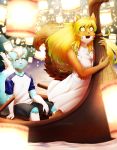  2019 5_fingers anthro biped black_bottomwear black_clothing black_fur black_nose black_shorts blonde_hair blue_eyes blue_fur blue_tail boat bottomwear canid canine canis claws clothed clothing detailed_background digital_media_(artwork) dipstick_tail dress duo female fingers fluffy fluffy_tail fox fully_clothed fur gondola hair hi_res hybrid kaedox kittox long_hair lovelesskiax male mammal multicolored_fur multicolored_tail open_mouth orange_fur orange_tail outside shirt short_hair shorts sitting smile t-shirt topwear two_tone_tail vehicle white_claws white_clothing white_dress white_fur white_hair white_tail wolf yellow_eyes 