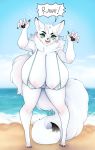  absurd_res arctic_fox big_breasts bikini breasts canid canine cleavage cleavage_overflow clothed clothing female fluffy fox fur hanging_breasts hi_res huge_breasts leaning looking_at_viewer mammal niucniuc pawpads swimwear tight_clothing water white_fur 