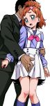  1boy 1girl arm_grab blue_eyes blush brown_hair commentary_request formal go!_princess_precure hair_ornament haruno_haruka kneehighs mitamura-kun_(landcell) molestation noble_academy_school_uniform open_mouth precure purple_legwear school_uniform short_hair suit tearing_up 