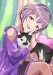  1girl :3 brown_eyes cat curtains dress hair_ornament hairclip half-closed_eyes head_tilt heart heart_pillow idolmaster idolmaster_cinderella_girls koshimizu_sachiko lavender_hair looking_at_viewer mitche open_mouth pillow purple_dress smug solo sparkle 