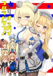  6+girls :t ahenn black_gloves black_legwear blonde_hair blue_eyes blue_hair blue_neckwear blue_shirt breasts brown_hair capelet carrying clipboard closed_eyes colorado_(kantai_collection) commentary_request cover cover_page double_bun doujin_cover dress elbow_gloves fletcher_(kantai_collection) gambier_bay_(kantai_collection) garrison_cap garter_straps gloves gradient grey_dress grey_headwear hairband hat headgear highres hug hug_from_behind intrepid_(kantai_collection) iowa_(kantai_collection) johnston_(kantai_collection) kantai_collection large_breasts light_brown_hair long_hair looking_at_viewer multiple_girls neckerchief necktie off_shoulder one_eye_closed open_mouth pantyhose pleated_dress pleated_skirt pout sailor_collar samuel_b._roberts_(kantai_collection) saratoga_(kantai_collection) school_uniform serafuku shin_guards shirt short_hair shoulder_carry side_braids sideboob skirt sleeveless smile standing thighhighs twintails twitter_username two_side_up white_background white_gloves white_legwear white_sailor_collar white_shirt white_skirt yellow_neckwear 