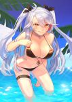  1girl :q absurdres ao_(1234painter) azur_lane bare_arms bare_shoulders bikini black_bikini blue_sky breasts cleavage cloud cloudy_sky flag_print german_flag_bikini glint hair_ribbon halter_top halterneck highres horizon large_breasts leaf leaning_forward long_hair looking_at_viewer multicolored_hair orange_eyes outdoors prinz_eugen_(azur_lane) prinz_eugen_(unfading_smile)_(azur_lane) red_hair ribbon sidelocks sky solo stomach streaked_hair swimsuit thigh_strap thighs tongue tongue_out two_side_up very_long_hair wading water white_hair 