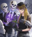  1girl black_dress black_gloves blonde_hair bug dress earrings flower formal funeral_dress funeral_veil gloves hand_on_another&#039;s_shoulder highres holding holding_flower jewelry long_hair minami_(minami373916) necklace necktie original pearl_necklace purple_eyes skeleton skull skull_and_crossbones smile spider suit vial 