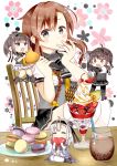  akizuki_(kantai_collection) black_hair blue_eyes braid brown_eyes chair cookie dessert floral_background food fruit green_eyes hachimaki hatsuzuki_(kantai_collection) headband ice_cream kantai_collection knmnw light_brown_hair macaron minigirl sitting strawberry suzutsuki_(kantai_collection) teruzuki_(kantai_collection) twin_braids white_hair white_legwear 