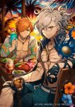  2boys blue_headwear blue_jacket edmond_dantes_(fate/grand_order) fate/grand_order fate_(series) floral_print glasses hair_ornament hairclip hat hood hoodie jacket jacket_on_shoulders jewelry male_focus male_swimwear mason_jar monte_cristo_selection multiple_boys necklace official_art orange_hair palm_tree ponytail robin_hood_(fate) routo silver_hair summer_hunter sunset swim_trunks swimwear tree 