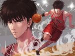  1boy ana_bi armband ball basketball basketball_uniform brown_eyes brown_hair closed_mouth clothes_writing commentary_request male_focus multiple_views open_mouth playing_sports red_shorts rukawa_kaede serious shoes shorts slam_dunk sneakers sport sportswear sweat tank_top toned toned_male 