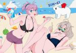  2girls 2others aoba_(kantai_collection) beach bear bikini black_bikini blue_bikini blue_eyes blue_sky boat breasts cleavage cloud cowboy_shot day enemy_lifebuoy_(kantai_collection) green_eyes grey_hair kantai_collection kinugasa_(kantai_collection) leaning_forward looking_at_viewer looking_over_eyewear lying medium_breasts multiple_girls multiple_others navel ojipon one_side_up outdoors polar_bear ponytail purple_hair purple_shorts remodel_(kantai_collection) riding scrunchie shaved_ice shorts sky spoon sun sunglasses swimsuit watercraft 