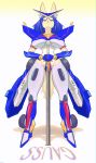  absurd_res anthro blue_clothing blue_hair breasts clothing female front_view full-length_portrait fur hair hi_res melee_weapon multicolored_clothing nipple_outline portrait solo species_request standing sususuigi sword tan_fur weapon 