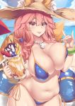  1girl animal_ear_fluff animal_ears bangs bare_shoulders beach bikini blue_bikini blush breasts cleavage closed_mouth collarbone ears_through_headwear fate/grand_order fate_(series) fox_ears fox_girl fox_tail hair_between_eyes hat highres kanachirou large_breasts long_hair looking_at_viewer navel pink_hair smile solo straw_hat sun_hat swimsuit tail tamamo_(fate)_(all) tamamo_no_mae_(swimsuit_lancer)_(fate) tongue tongue_out yellow_eyes 