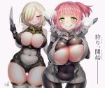  2girls :q areola_slip areolae ass_visible_through_thighs bare_shoulders belly black_gloves blonde_hair bouncing_breasts breasts cleavage commentary_request covered_navel curvy doyouwantto drooling fork gloves gradient gradient_background green_eyes grey_background grin heart heart-shaped_pupils heavy_breathing huge_breasts knife looking_at_viewer multiple_girls navel original pink_eyes pink_hair plump short_hair side_ponytail simple_background skindentation smile spoon symbol-shaped_pupils thigh_gap tongue tongue_out translation_request white_background white_gloves wide_hips 